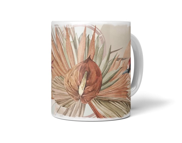 Dekorative Tasse mit schönem Vogel Motiv Finken Sperling Blumen Vintage Kunstvoll Brauntöne