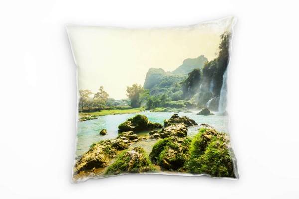 Natur, braun, blau, grün, Wasserfall, Fluss, Vietnam Deko Kissen 40x40cm für Couch Sofa Lounge Zierk
