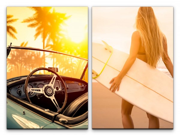 2 Bilder je 60x90cm Florida Oldtimer Surferin Sommer Traumurlaub Surfen Palmen