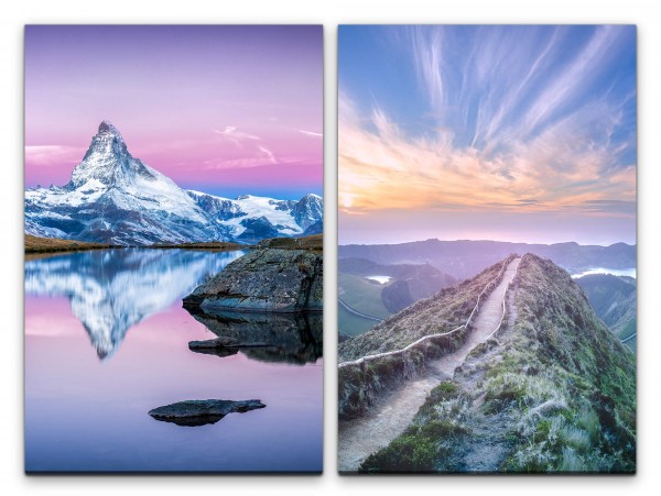 2 Bilder je 60x90cm Matterhorn Berge klarer See Reflexion Wanderweg Horizont Himmel