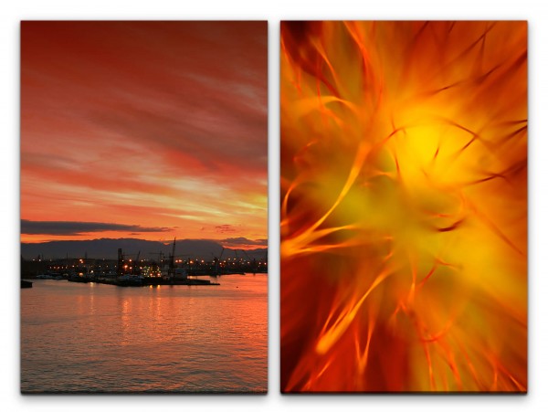2 Bilder je 60x90cm Hafen Abendröte Sonnenuntergang Orange Meer Rot Himmel