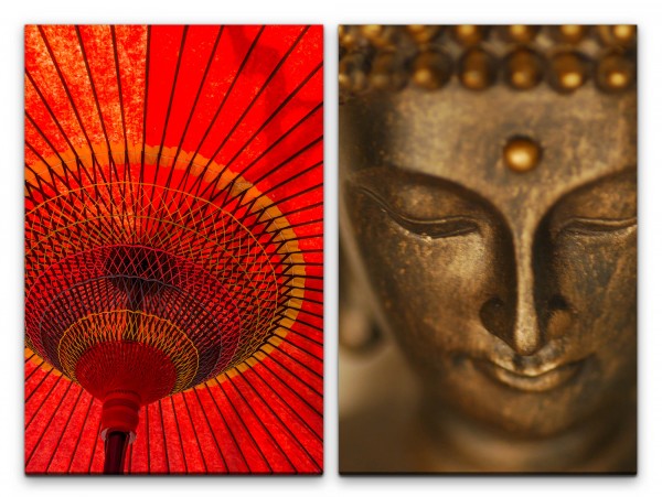 2 Bilder je 60x90cm Sonnenschirm Rot Papierschirm Buddha Asien Fernost Meditation