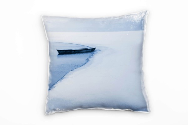 Winter, weiß, blau, grau, zugefrorener See, Boot Deko Kissen 40x40cm für Couch Sofa Lounge Zierkisse