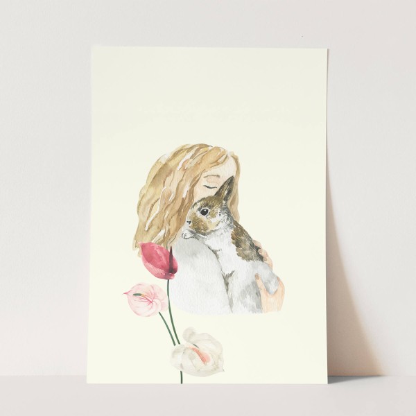 Wandbild Tier Motiv kleines Mädchen mit Kaninchen Süß Lieblich Herzig