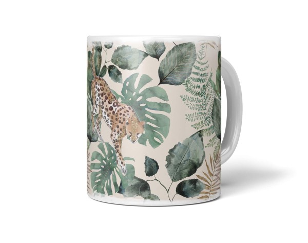 Dekorative Tasse mit schönem Motiv Dschungel exotische Pflanzen Jaguar Muster Design