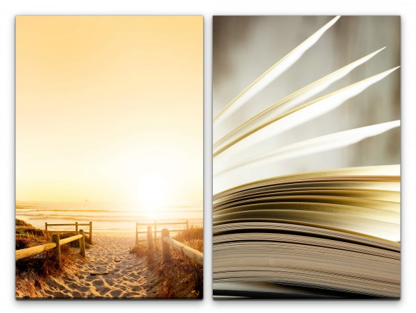 2 Bilder je 60x90cm Sandstrand Stranddünen Ostsee Buch Buchblätter Sommer Sonnenuntergang