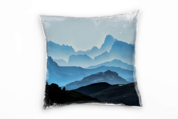 Landschaft, schwarz, blau, Berge, Nebel Deko Kissen 40x40cm für Couch Sofa Lounge Zierkissen