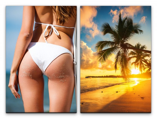 2 Bilder je 60x90cm Bikini Palmen Süden Sommer Traumstrand Sonnenuntergang Sexy