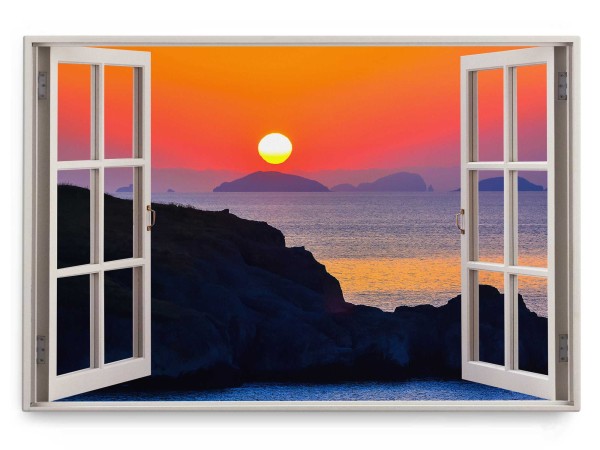 Wandbild 120x80cm Fensterbild Sonnenuntergang Meer Horizont Felsen Rot