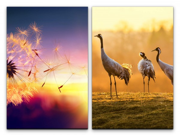 2 Bilder je 60x90cm Pusteblume Sommer Kraniche Morgentau Sonnenaufgang Natur Vögel