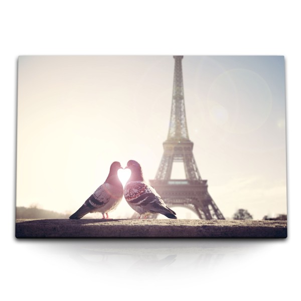 120x80cm Wandbild auf Leinwand Paris Eiffelturm Zwei Tauben Pärchen Herz