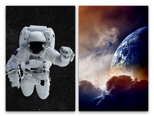 2 Bilder je 60x90cm Astronaut Weltraum Schwerelos Erde Planet Fantasie Nasa