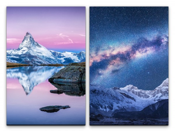 2 Bilder je 60x90cm Matterhorn Schneegipfel See Milchstraße Klarheit Astrofotografie Zauberhaft