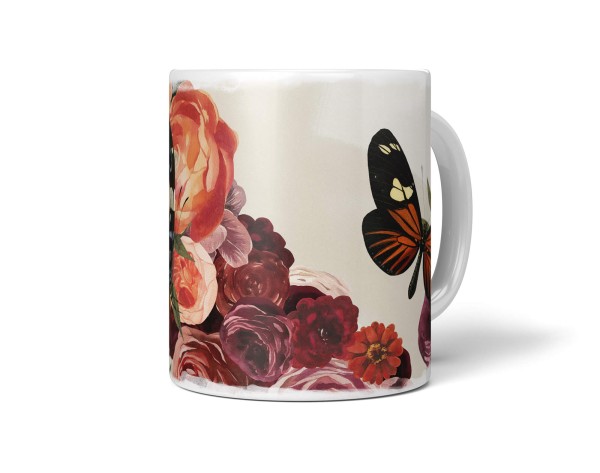 Dekorative Tasse mit schönem Motiv Schmetterlinge Blumen Blüten Rosen Blumenstrauß