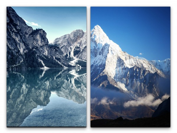 2 Bilder je 60x90cm Gebirge Schneegipfel See Himalaya Unberührt Majestätisch Seelenfrieden