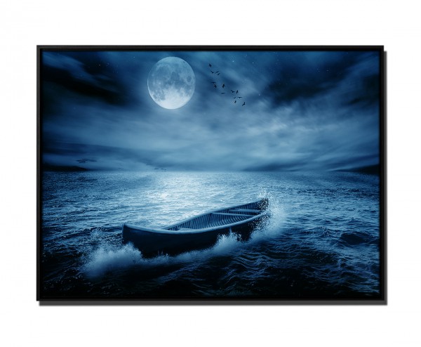 105x75cm Leinwandbild Petrol Natur Landschaft Boot Meer nach Sturm Mond Himmel