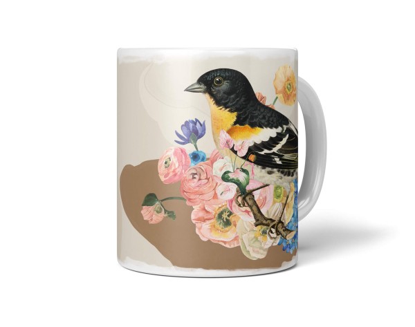 Dekorative Tasse mit schönem Vogel Motiv Finken Sperling Blumenstrauß Farbenfroh Wasserfarben