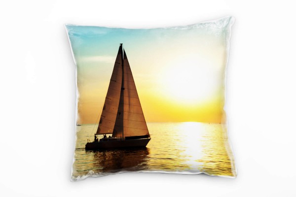 Meer,gelb, blau, Segelboot, Sonnenuntergang Deko Kissen 40x40cm für Couch Sofa Lounge Zierkissen