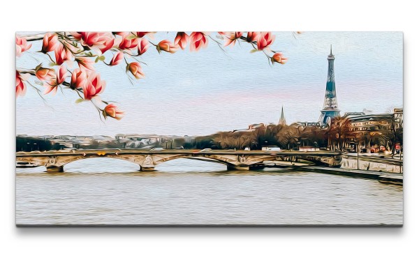 Leinwandbild 120x60cm Paris Eiffelturm Fluss Brücke Romantisch Stadt der Liebe