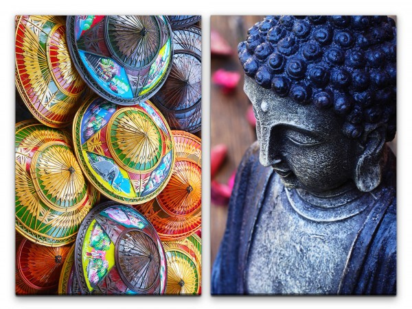 2 Bilder je 60x90cm Sonnenschirme Buddha Fernost Traditionell Papierschirm Meditation Bunt