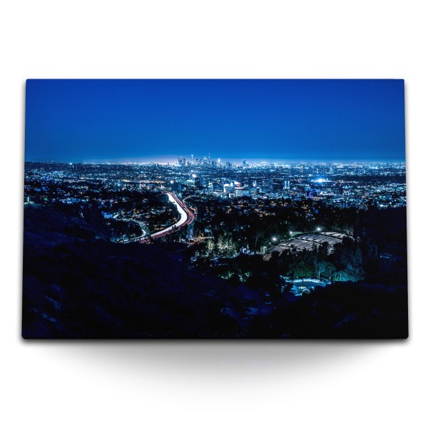 120x80cm Wandbild auf Leinwand Los Angeles bei Nacht Stadt Großstadt USA