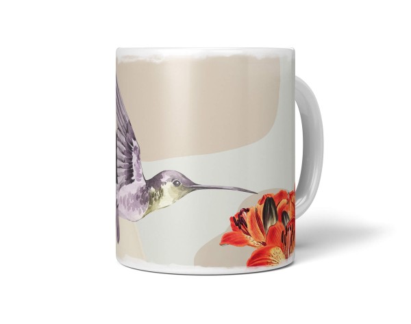 Dekorative Tasse mit schönem Vogel Motiv Kolibri Blumen Blüten Wasserfarben Pastelltöne
