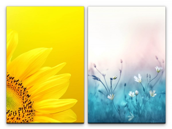 2 Bilder je 60x90cm Sonnenblume Gelb Frühling Blumen Blau Gänseblümchen Makro