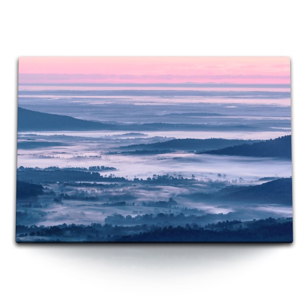 120x80cm Wandbild auf Leinwand Berge Nebel blaue Stunde Sonnenaufgang Morgentau