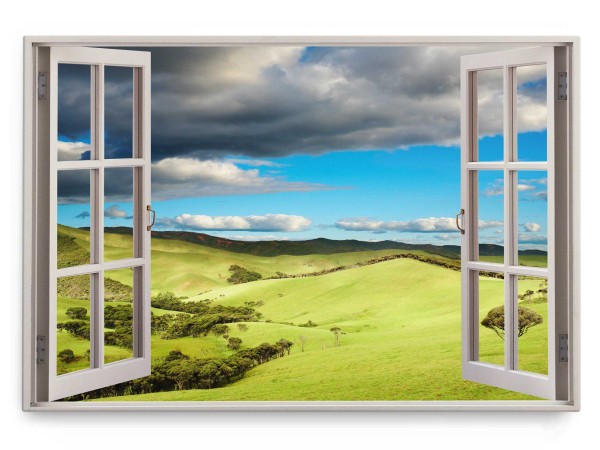 Wandbild 120x80cm Fensterbild Grüne Wiese Landschaft Horizont Hügel