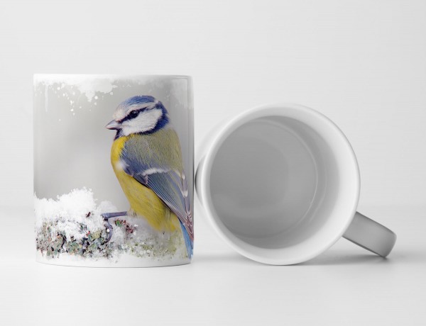 Tasse Geschenk Vogel im Winter auf Ast mit Schnee