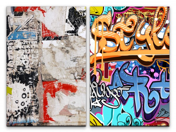 2 Bilder je 60x90cm Streetart Graffiti Grungy Bunt Jugendzimmer Wand Wall