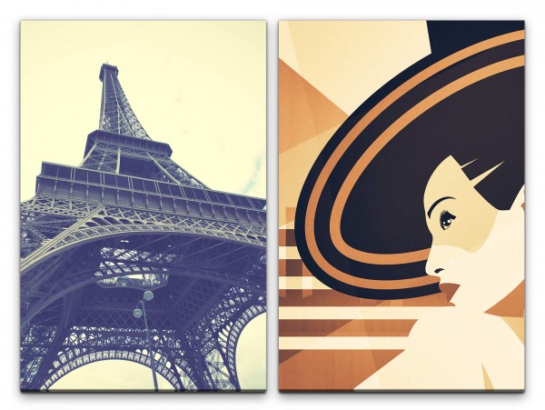 2 Bilder je 60x90cm Paris Eiffelturm PopArt Romanze junge Frau Chic elegante Dame