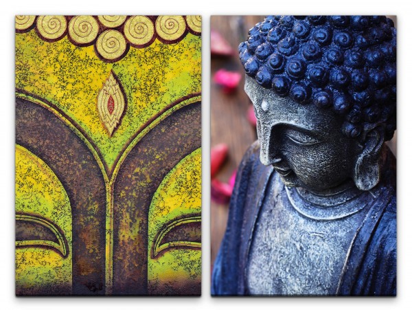 2 Bilder je 60x90cm Buddha Buddhakopf Buddhismus Golden Meditation Yoga positive Energie