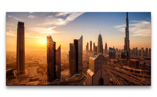 Leinwandbild 120x60cm Dubai Wolkenkratzer Burj Khalifa Sonnenuntergang Hochhäuser