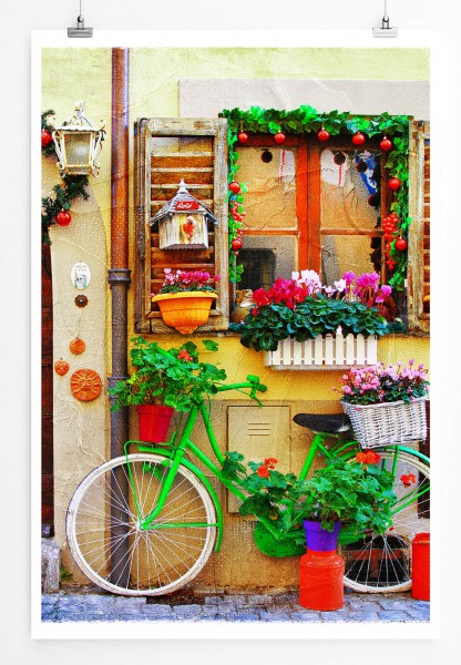 Künstlerische Fotografie 60x90cm Poster Grünes Fahrrad im italienischen Dorf