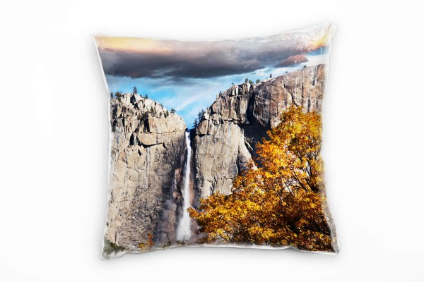 Natur, Herbst, braun, grau, blau, Wasserfall Deko Kissen 40x40cm für Couch Sofa Lounge Zierkissen