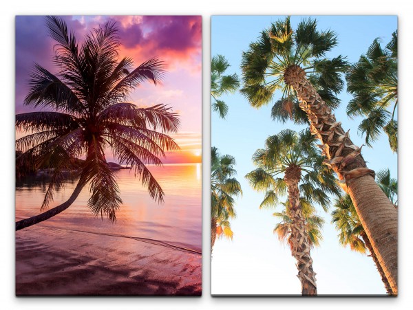 2 Bilder je 60x90cm Palmen Südsee Paradies Strand Sonnenuntergang Sommer Karibik