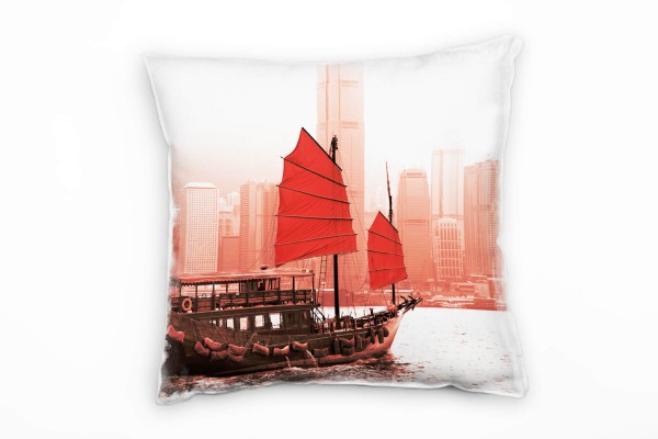 Urban und City, rot, braun, Segelschiff, Hongkong Deko Kissen 40x40cm für Couch Sofa Lounge Zierkiss