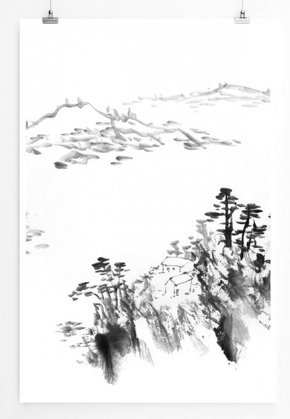 60x90cm Poster Bild  Landschaft im Stil traditionell chinesischer Tintenzeichnung