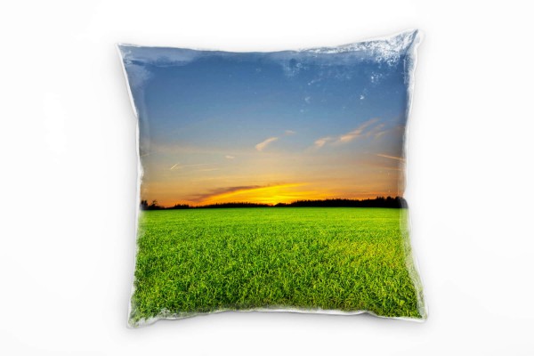 Landschaft, grün, blau, orange, Grasfeld, Sonnenuntergang Deko Kissen 40x40cm für Couch Sofa Lounge