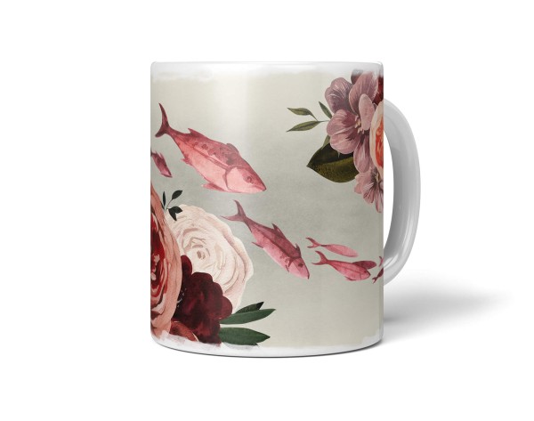 Dekorative Tasse mit schönem Motiv Fische Blumen Rosen Kunstvoll Vintage Rot Aquarell