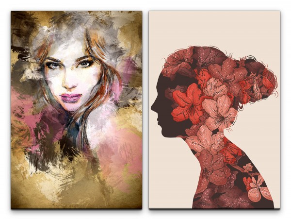 2 Bilder je 60x90cm Frauen Porträt Kunstvoll Farbenfroh Blüten Chic Stilvoll Feminin
