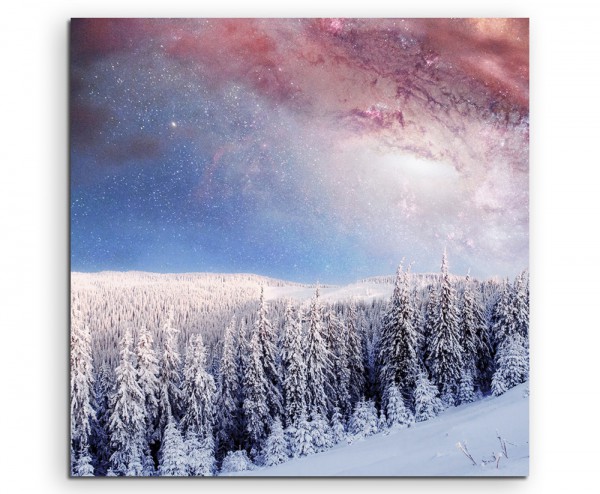 Landschaftsfotografie  Sternenhimmel über verschneitem Wald auf Leinwand exklusives Wandbild moder