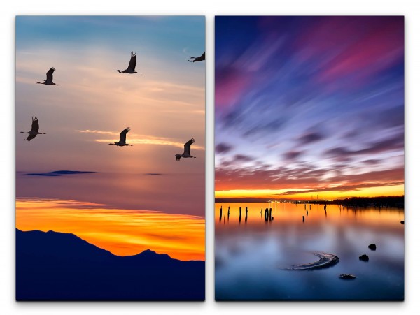 2 Bilder je 60x90cm Horizont Kraniche Vögel Himmel Abendröte Berge Sonnenuntergang