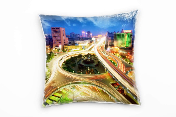 Urban und City, gelb, blau, Lichtlinien, Nachts Deko Kissen 40x40cm für Couch Sofa Lounge Zierkissen