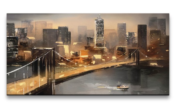 Leinwandbild 120x60cm New York Brooklyn Bridge Kunstvoll Nachtlichter Hochhäuser