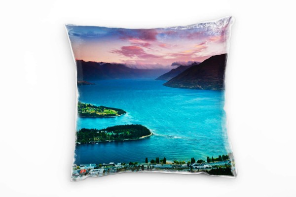 Seen. Landschaft, türkis, orange, Sonnenuntergang Deko Kissen 40x40cm für Couch Sofa Lounge Zierkiss