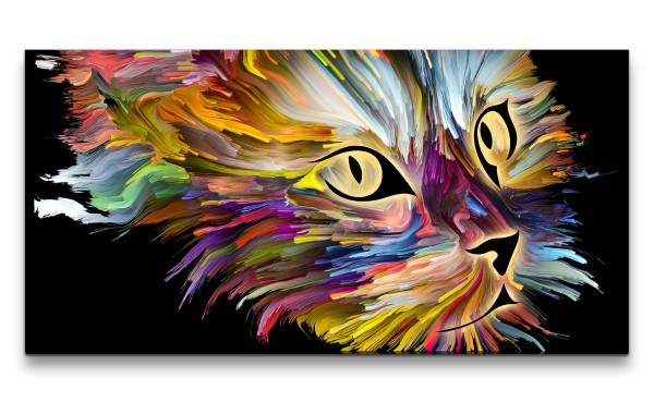 Leinwandbild 120x60cm Katze Abstrakt Farbenfroh Psychedelisch Bunt