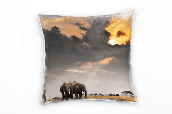 Tiere, orange, grau, Elefanten, Sonnenuntergang Deko Kissen 40x40cm für Couch Sofa Lounge Zierkissen