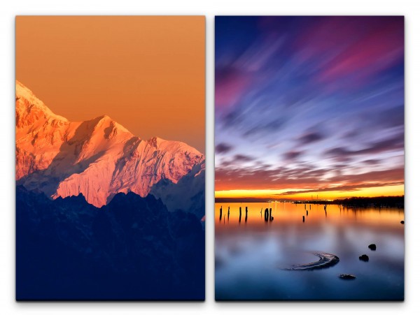 2 Bilder je 60x90cm Berge Gletscher Orange Sonnenuntergang Horizont Meer Wolken